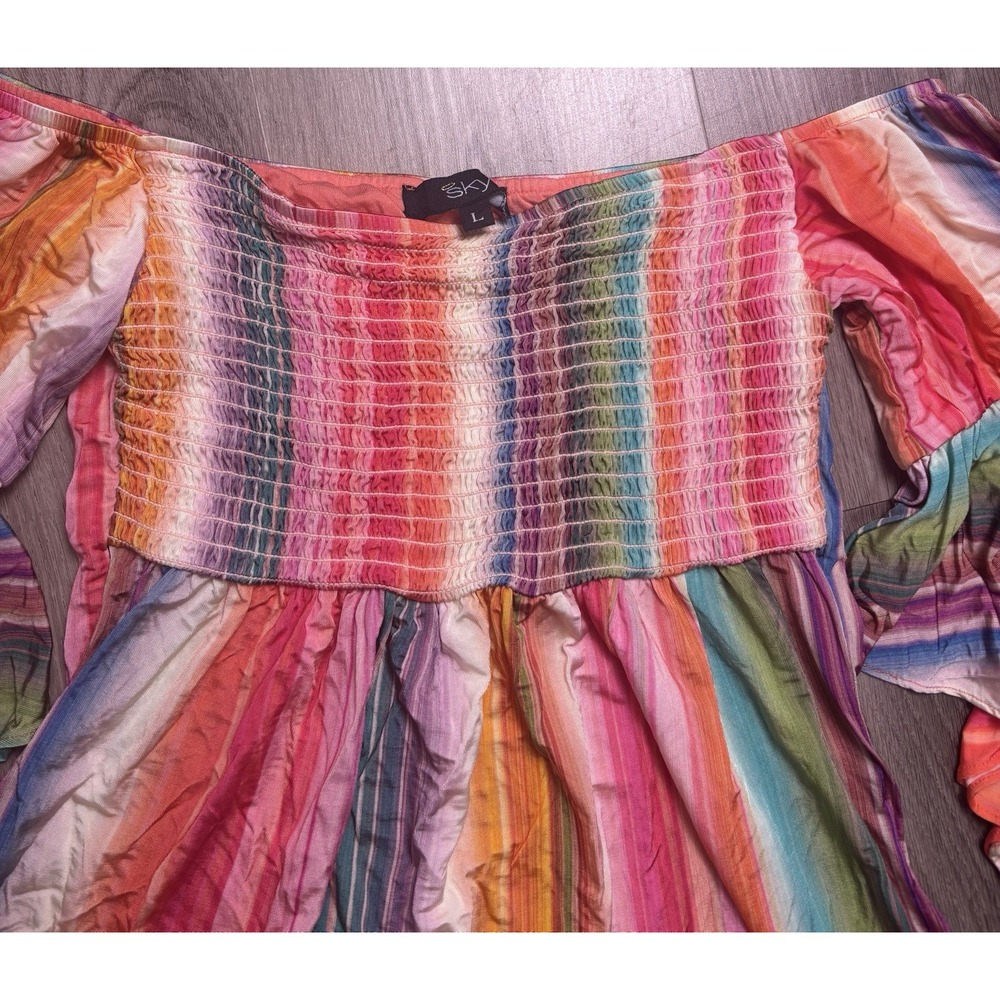 Sky Brand Smocked Flowy Top Boho Babydoll Fairy Size L Festival Striped Y2K - Picture 2 of 8